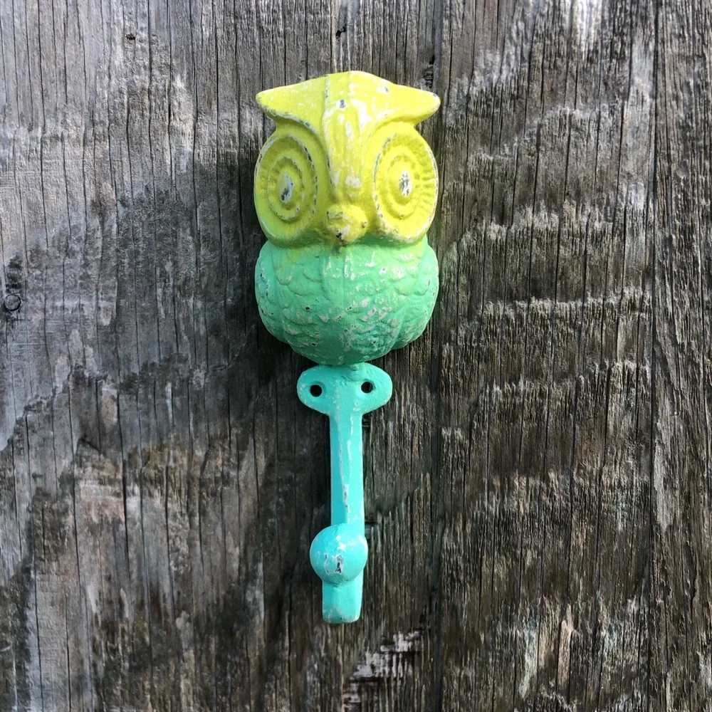 Upcycled Green and Blue Cast Iron Owl Hook